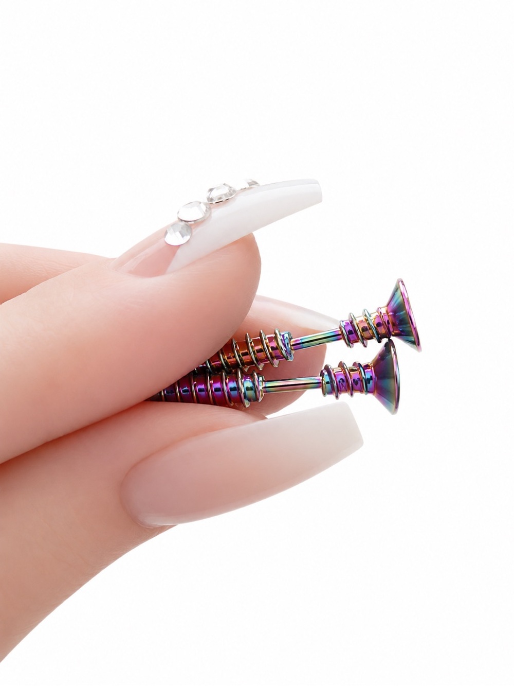 Oil Slick Rainbow Screw Stud Earrings 16G Stainless Steel Punk Grunge - Picture 2 of 8